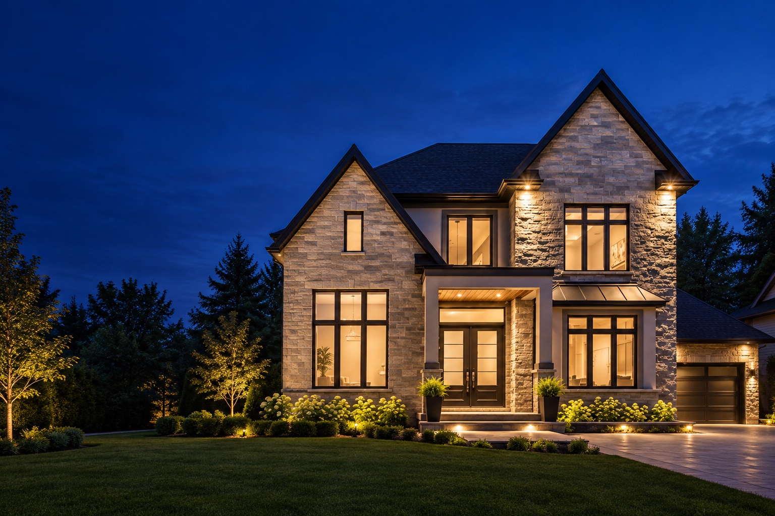 A stone and brick home at blue hour